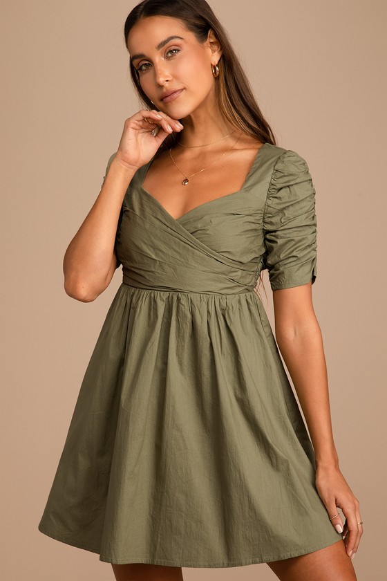 Olive Green Dress - Short Sleeve Dress ...